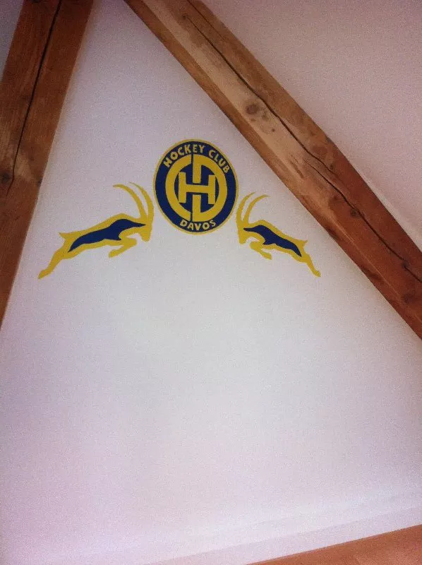 HC Davos Logo in Jugendzimmer von Hand auf Wand gemalt